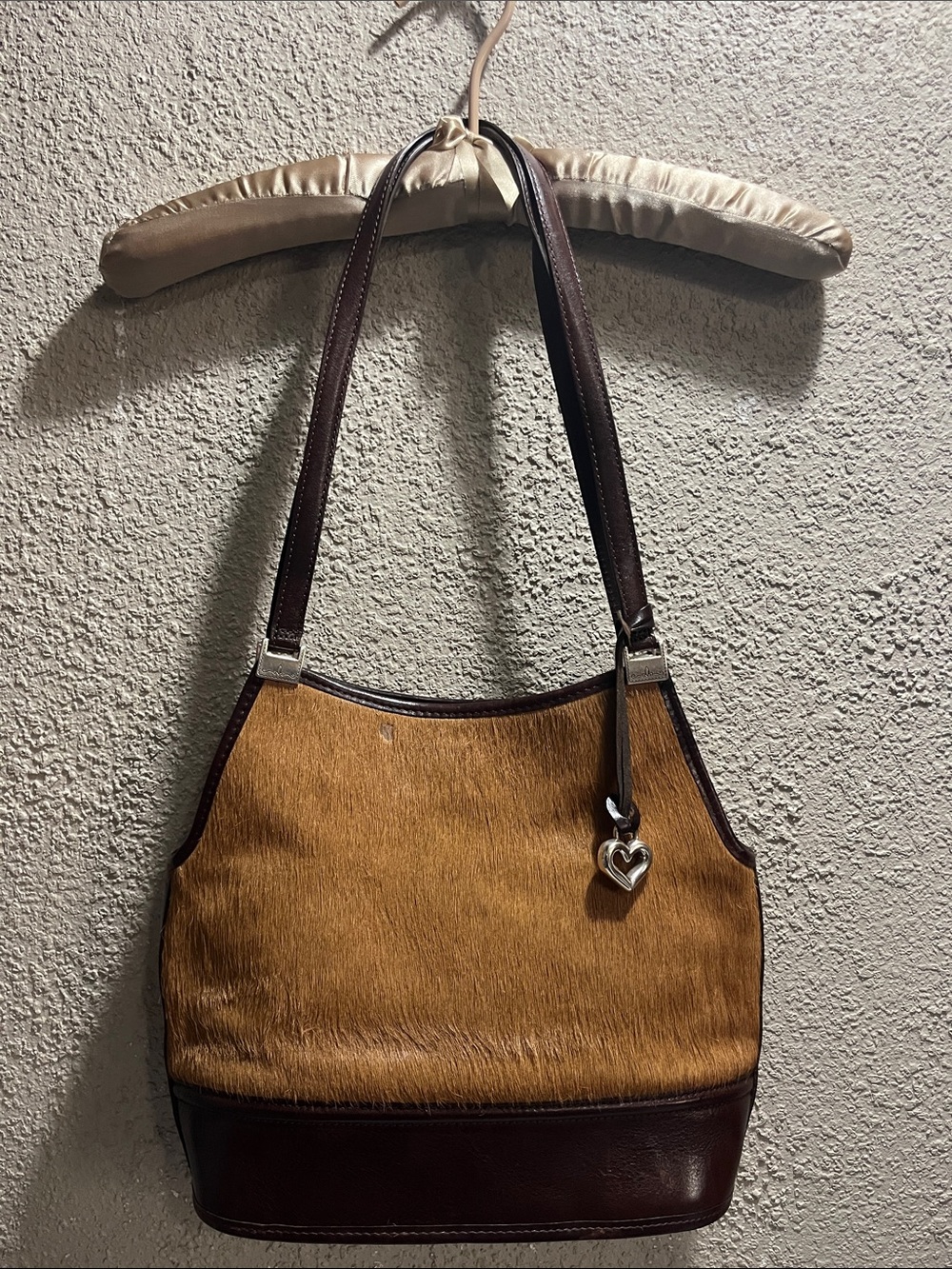 Brighton Hair/Cowhide Tan and Dark Brown Shoulder Bag with Heart Charm